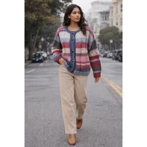 Handmade Chunky Knit Cardigan Sweater Stripe Wool Blend Cozy M L